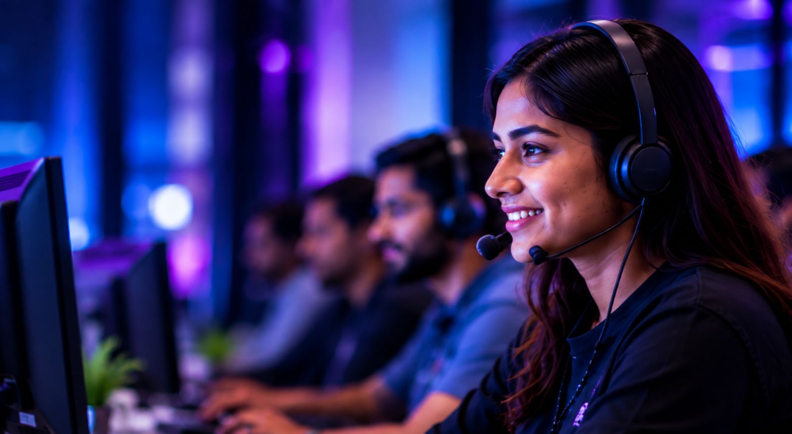 A smiling FourMetriX team member wearing a headset at her workstation